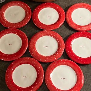 Rae Dunn set of 8 Red and Cream Polka Dot Dinner Plates